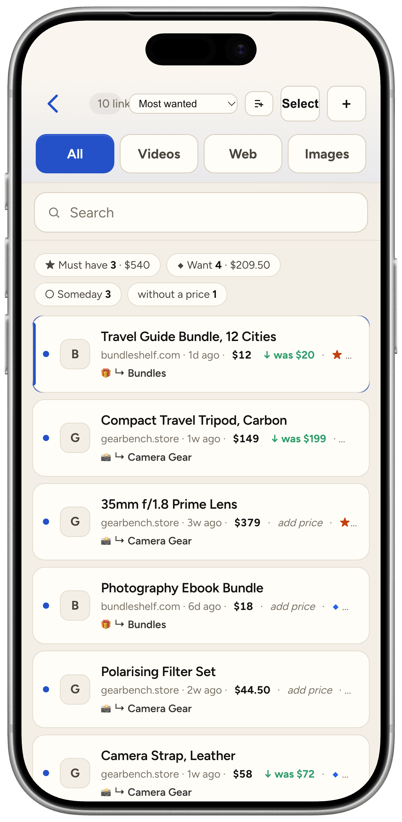 A shopping list on iPhone with the Must have, Want and Someday totals and the prices that fell