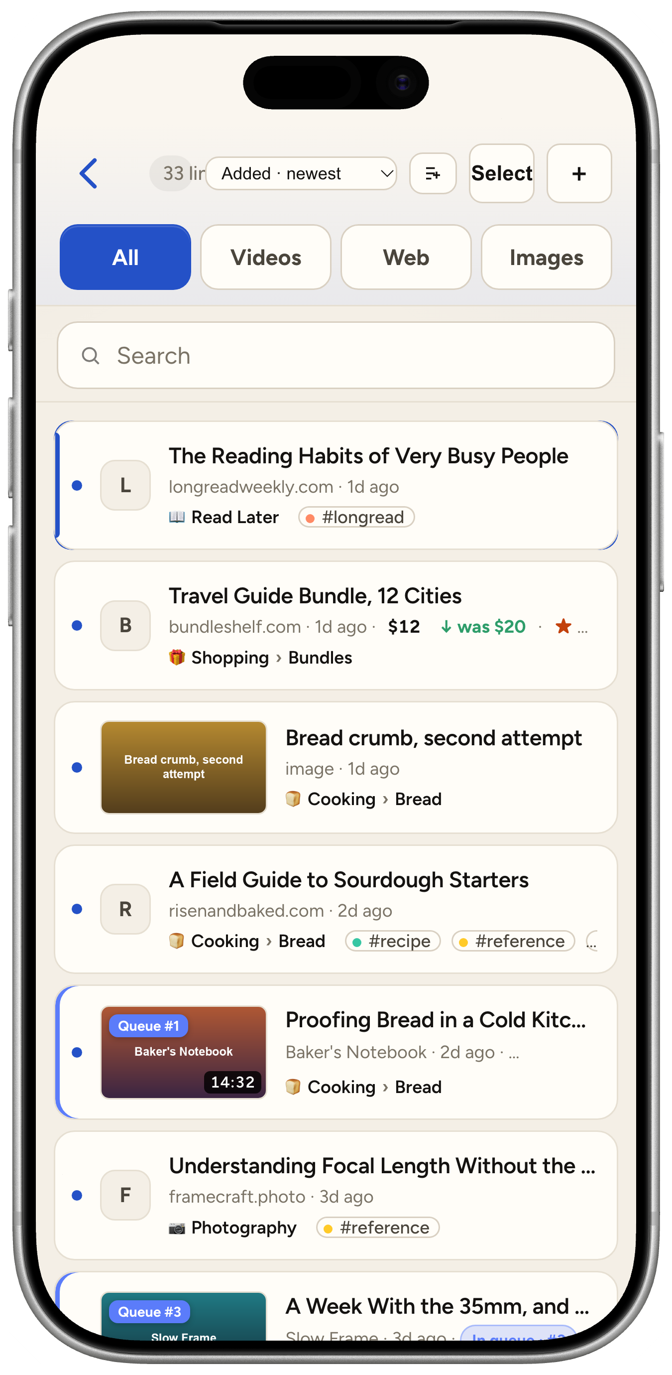 Stash on iPhone showing the same saved links