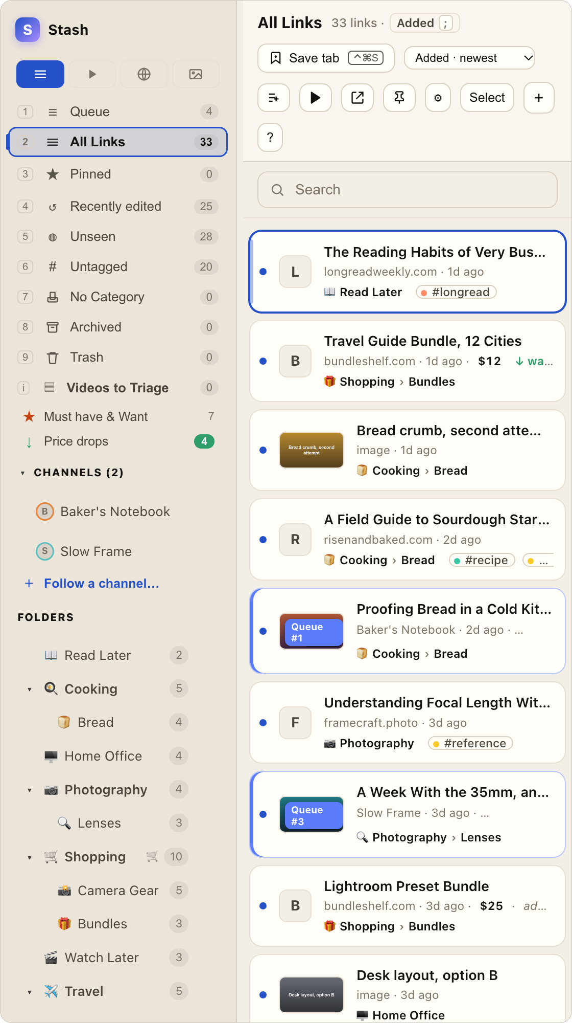 The Stash sidebar: a dot beside each link not opened yet, and views for Unseen, Recently edited and Archived with their counts